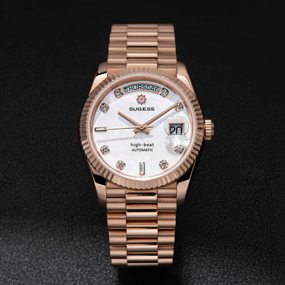 Sugess Watch of Men 36mm Date Automatic Retro Mechanical Wristwatches Sapphire Crystal RoseGold Dandong SL3034 Movement Day New