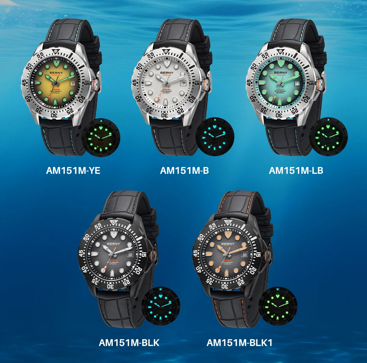 BERNY Automatic Diver Watch for Men Frosted Dial MIYOTA 8215 316L Supper Luminous Sapphire AR Fluororubber Men's Diving Watches