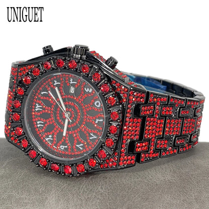 UNIGUET Hip Hop Wristwatch For Men Luxury lce Out Full Diamond Watches Fashion Green Watch Waterproof Clock Man 2026 Hot Sale