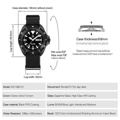 Watchdives WD1980 V3 Quartz Watch VH31 Sweep Movement Sapphire Vintage Watch 100m Waterproof Stainless Steel Luminous Mens Watch