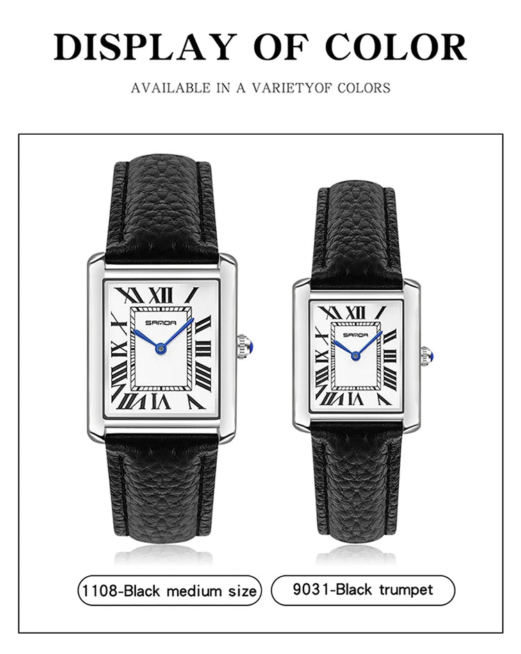 SANDA New Couple Tank Watches Wear Resistant Leather Strap Luxury Square Dial Waterproof Sports Casual Men Women Quartz Watches
