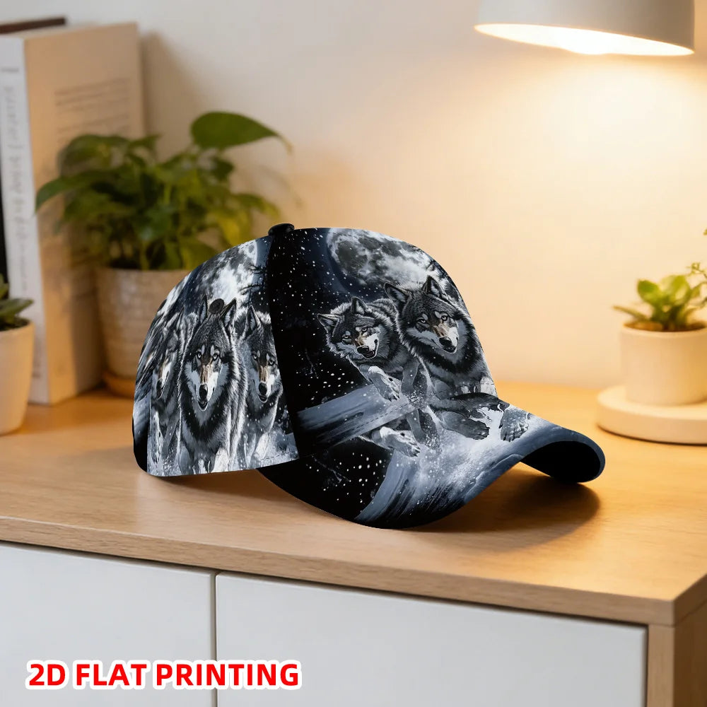 Classic Baseball Cap Featuring a 2D Flat Print of Wolves Under a Full Moon a Lightweight Adjustable Duckbill Hat