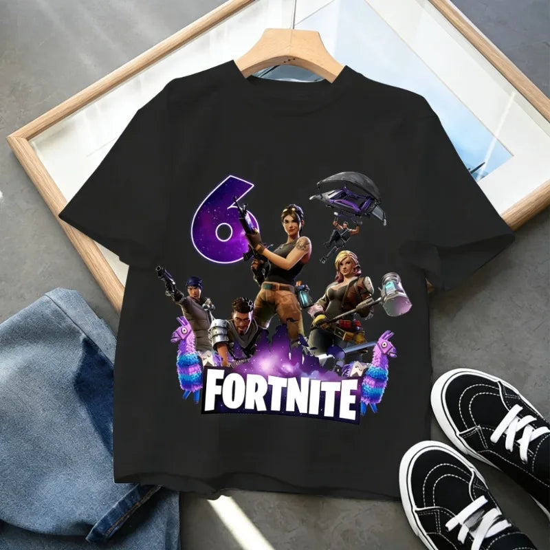 T-shirt de aniversário infantil Fortnites com número para menina e menino, roupa de verão em algodão para bebé, top de manga curta para festa, presente para criança pequena