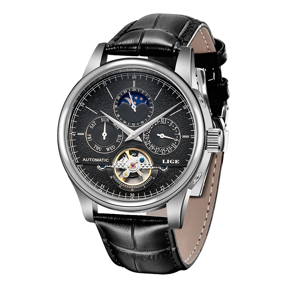 LIGE Brand Classic Mens Retro Watches Automatic Mechanical Watch Tourbillon Clock Genuine Leather Waterproof Military Wristwatch