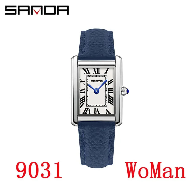 SANDA New Couple Tank Watches Wear Resistant Leather Strap Luxury Square Dial Waterproof Sports Casual Men Women Quartz Watches