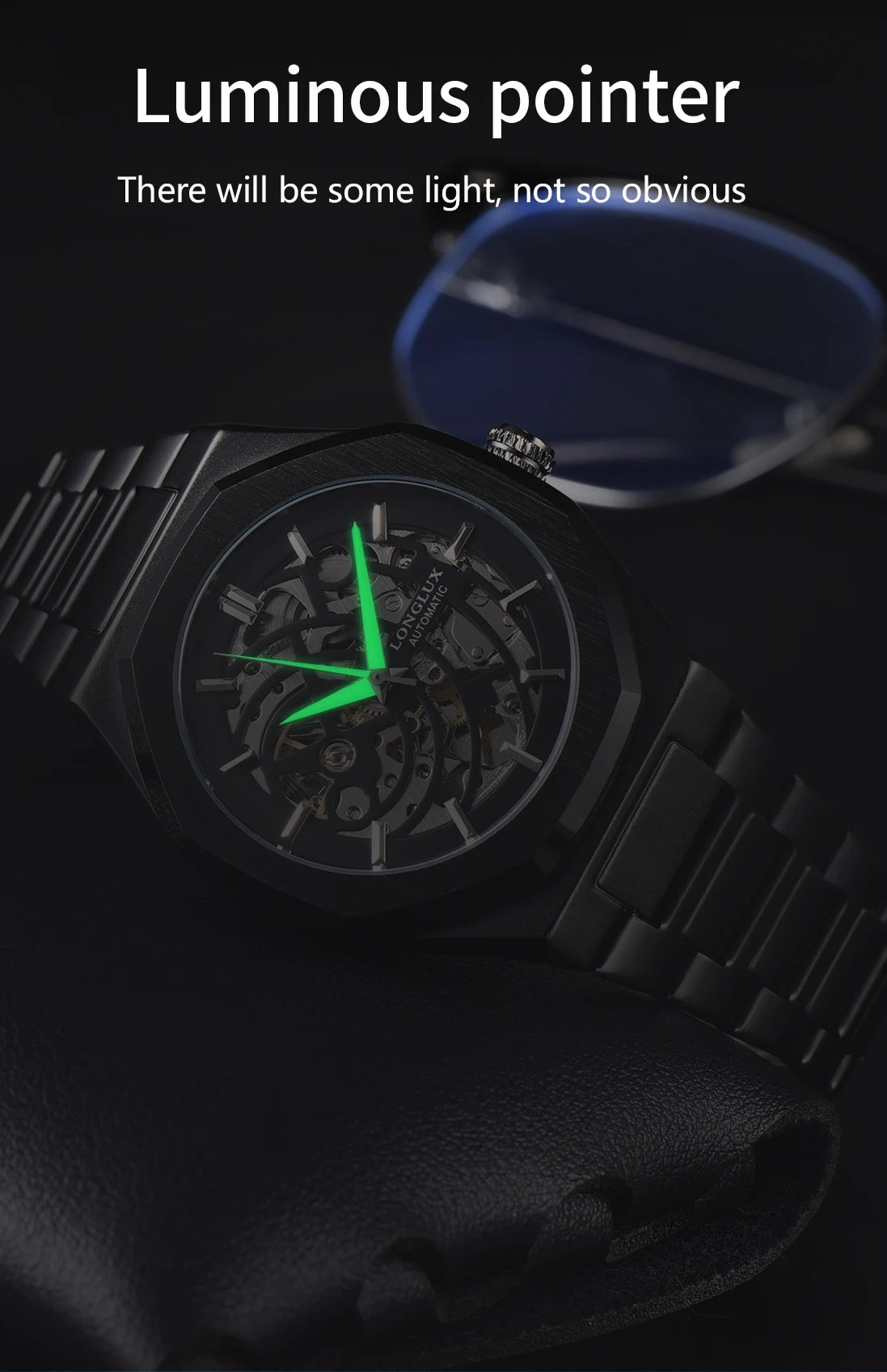 LONGLUX automatic watch business mechanical watches simple skeleton waterproof stainless steel cost effective mens watch gift
