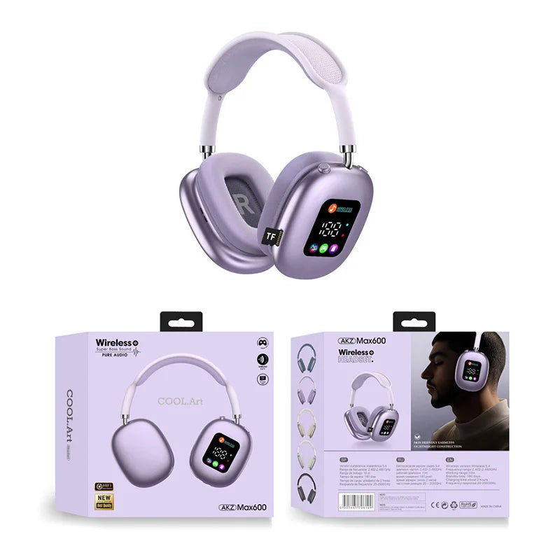 MAX600 Wireless Active Noise Cancelling Headphones – Bluetooth 5.2 Over-Ear Headset with Touch Control, LED Display & Microphone