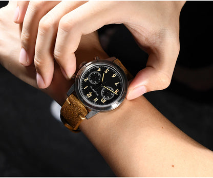 San Martin Vintage Men Quartz Watch Pilot VK64 Chronograph Watches Waterproof Luminous Quick Release Leather Strap SN0127