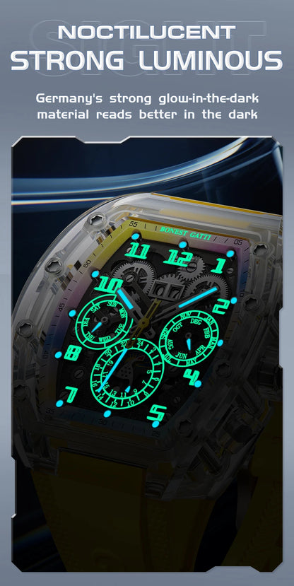 BONEST GATTI Automatic Watch Tonneau Mechanical Wristwatch K9 Crystal Case Rubber Strap Multi Dial Watches For Men