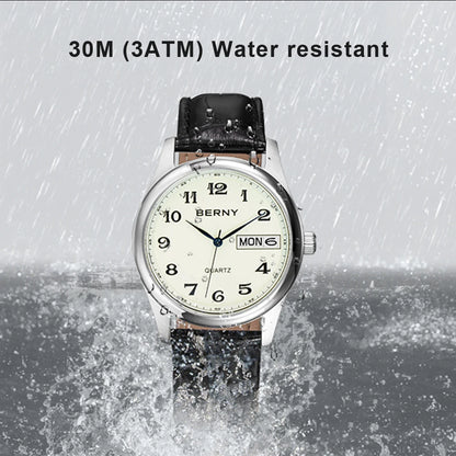 BERNY Quartz Watch for Men Miyota 2405 Business Male Wristwatch Day Top Calendar Genuine Leather Classic Men Watches Waterproof