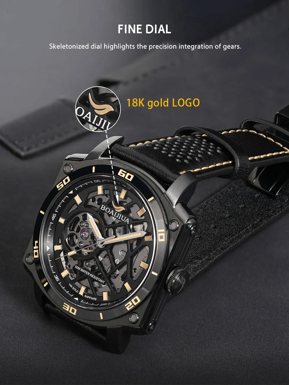 BORIAGE(BOAIJIUA) Men's Fully Automatic Mechanical Watch Original Design Cut out 50m Water Resistant Luminous Wristwatch