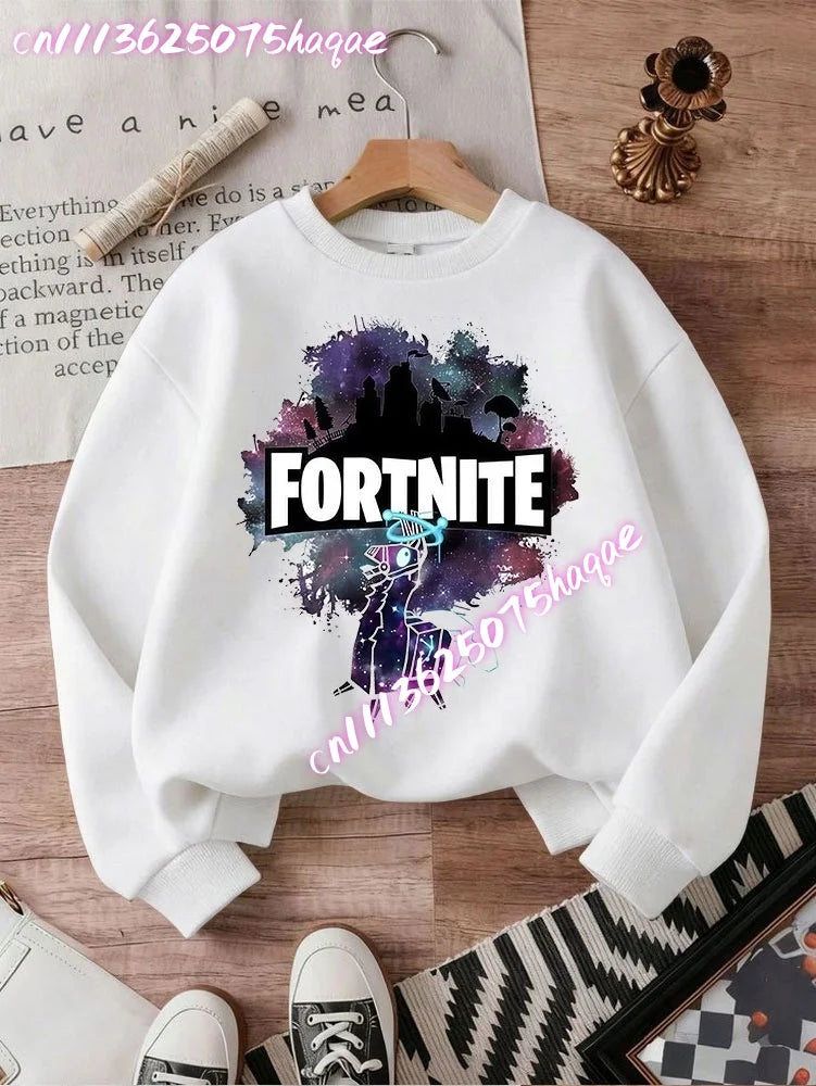 Sweat-shirts Fortnite novos para criança, hoodie com estampado de personagens de jogo em estilo cartoon, tops casuais de outono para criança, roupa de inverno para bebé menino