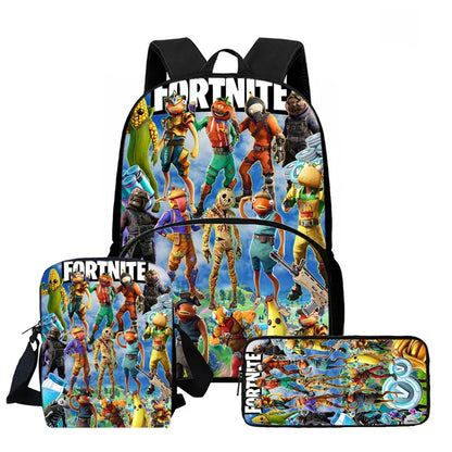 Conjunto de Mochila Fortnite Cartoon de 3 Peças Unissexo para Rapazes e Raparigas, Mochila com Bolso Frontal, Mala a Tiracolo e Estojo, Presente Ideal
