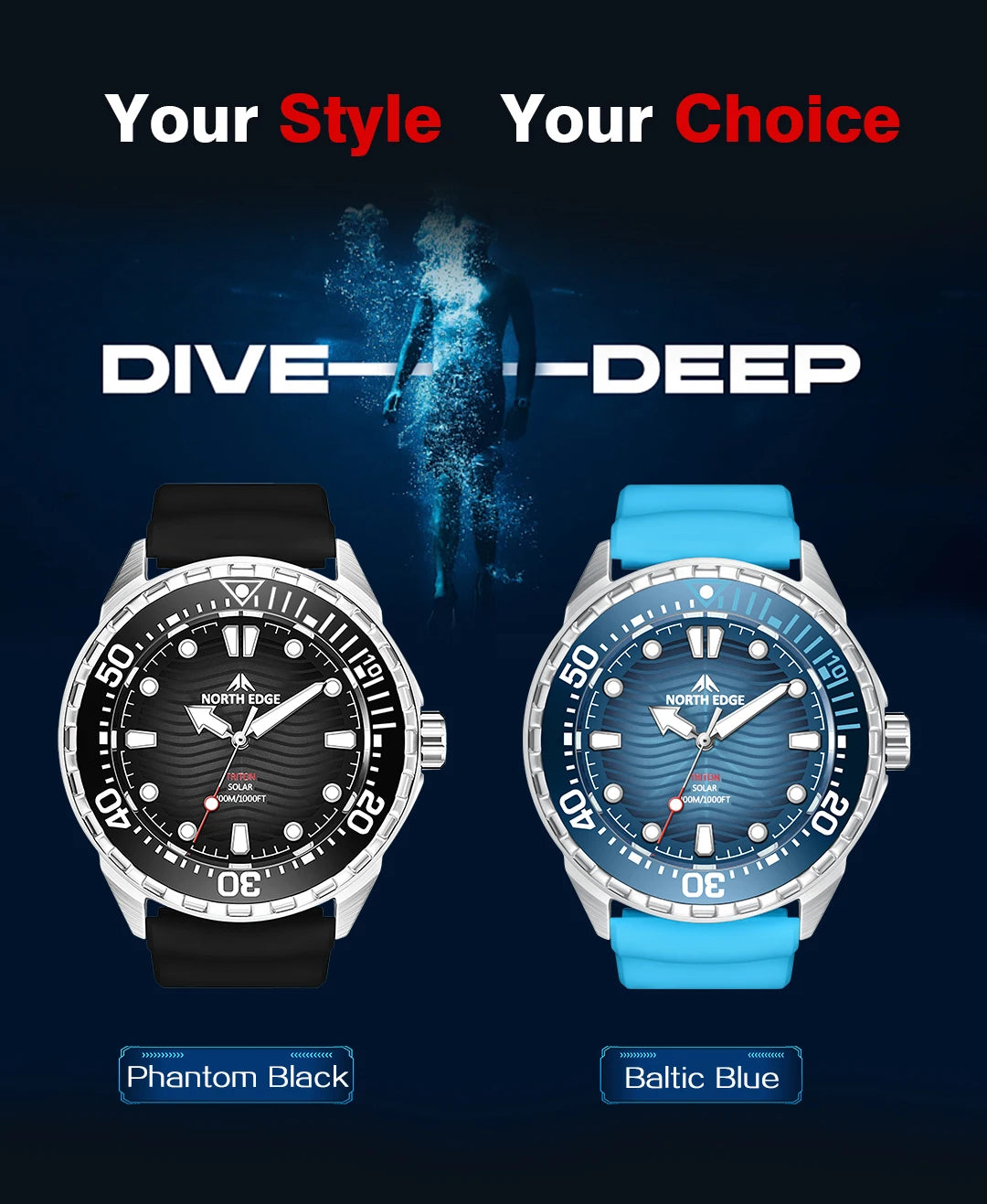 2025 New  NORTH EDGE TRITON Solar Powered Dive Watch Men Luxury Quartz Watches For Men 316L Stainless Steel Case Waterproof 300M