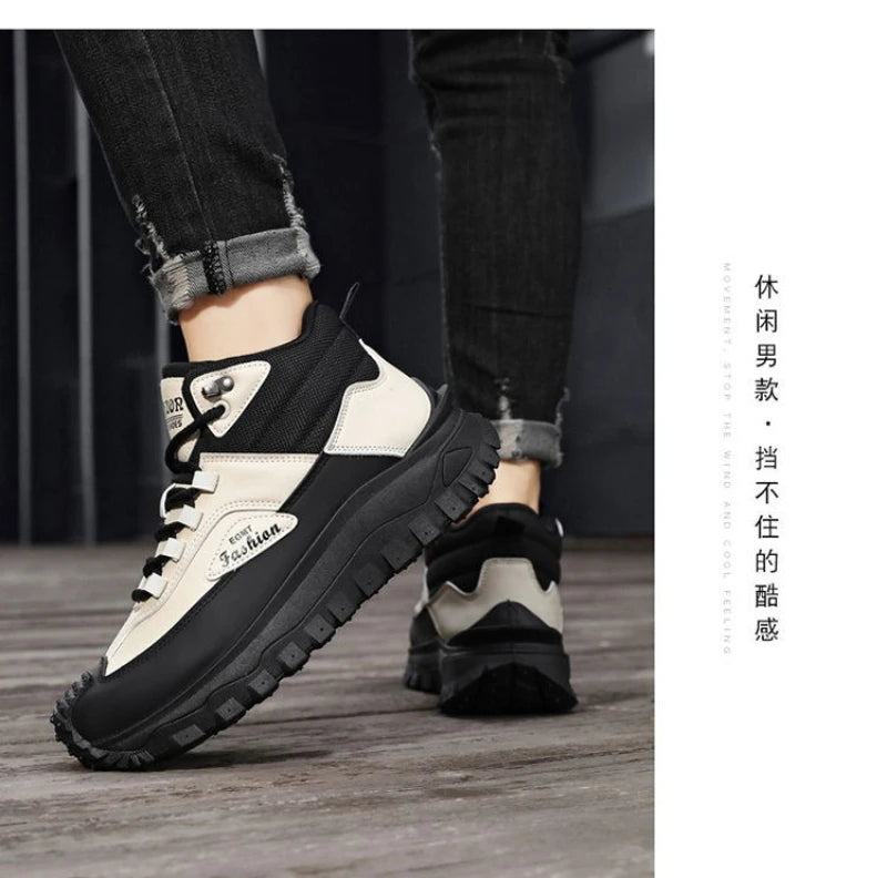 Men'S Black And White Mid Top Hiking Boots Waterproof Leather Platform Sneakers Non Slip Outdoor Casual Shoes With Rugged Sole