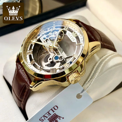OLEVS Skeleton Automatic Mechanical Watch Men Leather Strap Luminous Waterproof Luxury Business Wristwatch For Man 6661