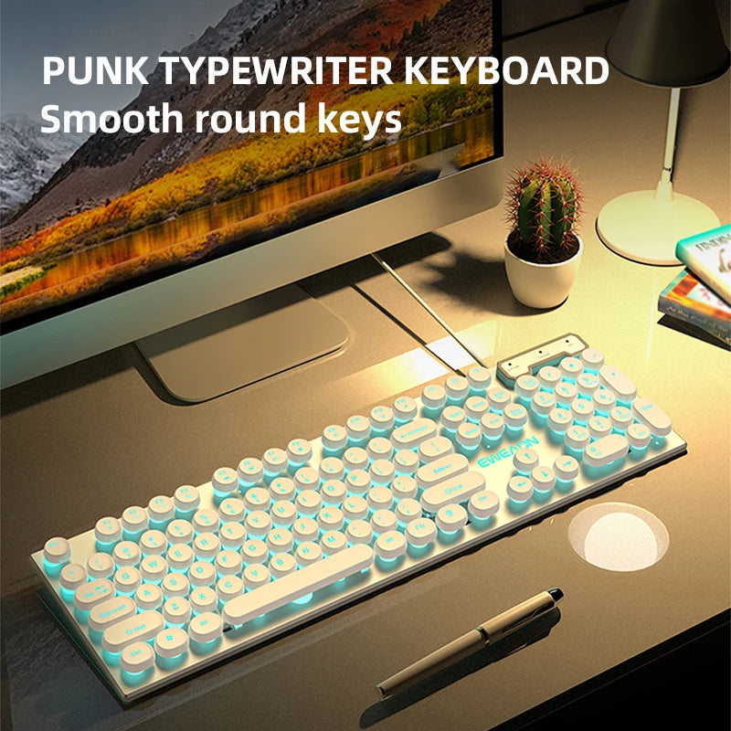 EWEADN GX330 Typewriter Gaming Keyboard, 104 Keys Wired Retro Punk Round Keycaps, with RGB Backlit, for Windows Laptop PC Black