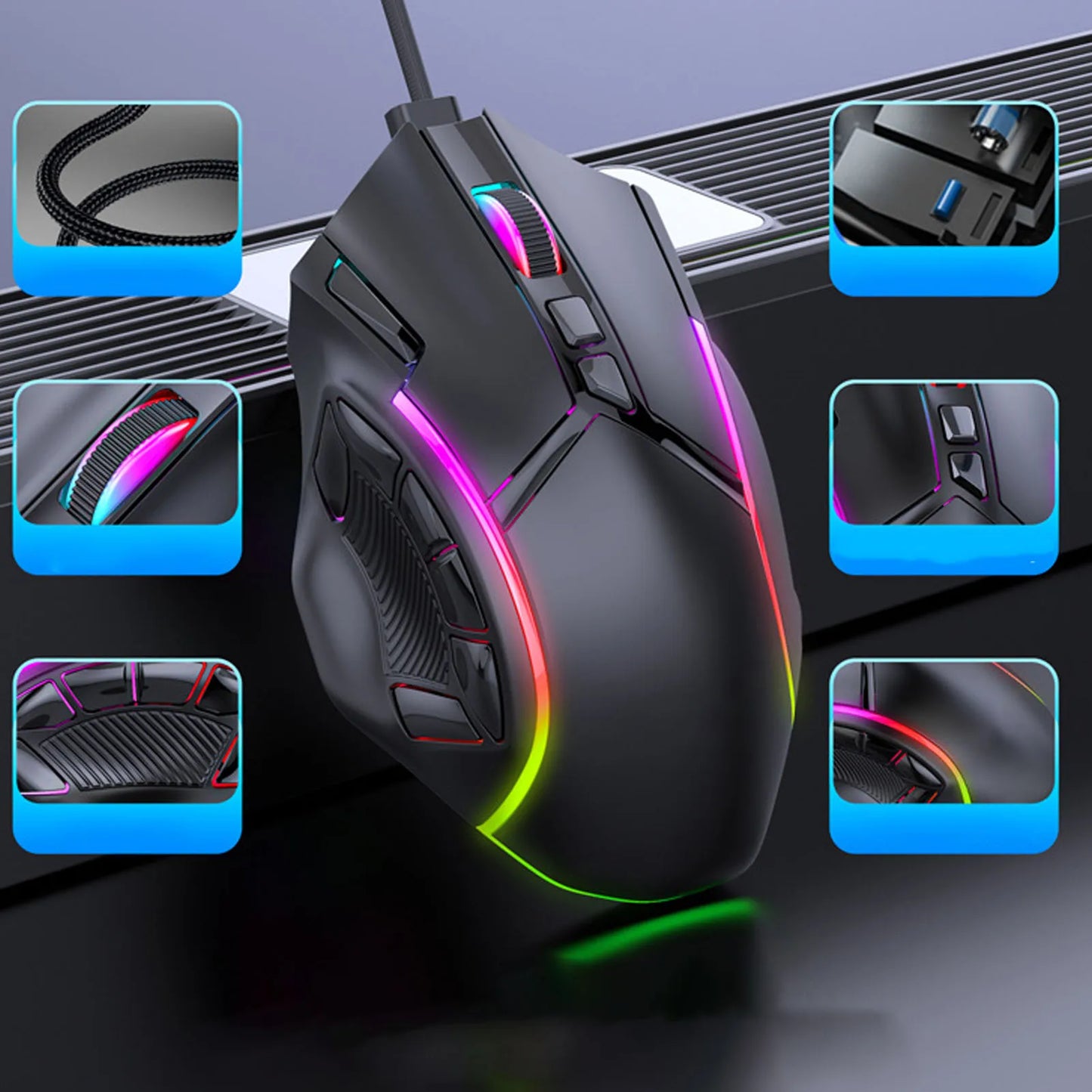 Rato Gaming RGB 12800DPI com Fio, 12 Teclas Macro, Acessórios de Substituição para Computador