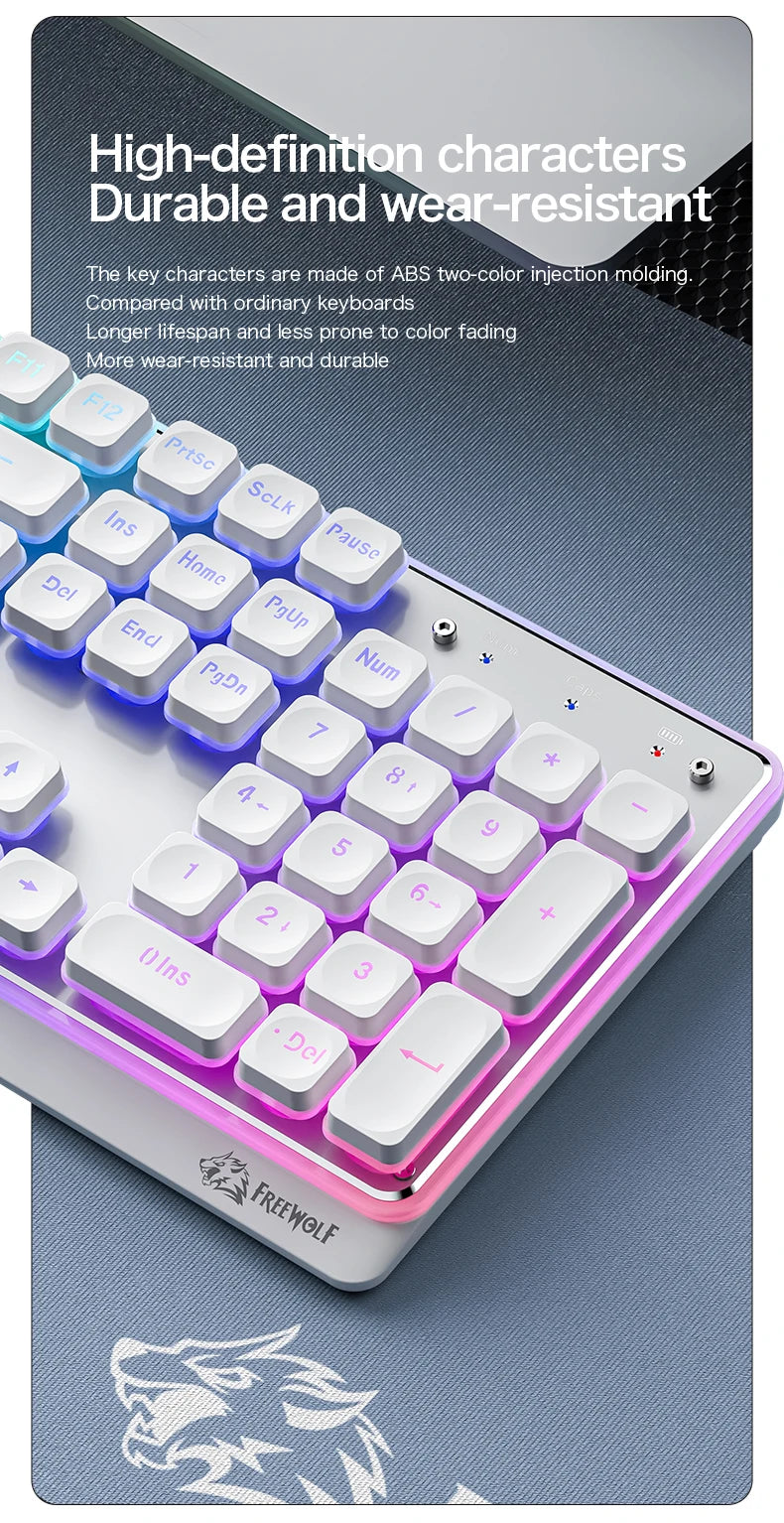 Freewolf M104 Tri-Mode Wireless Keyboard RGB 104 Keys Ultra Slim Quiet Membrane 4000mAh Large Battery for Office & Home