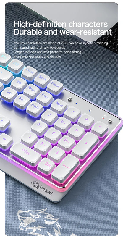 Freewolf M104 Tri-Mode Wireless Keyboard RGB 104 Keys Ultra Slim Quiet Membrane 4000mAh Large Battery for Office & Home