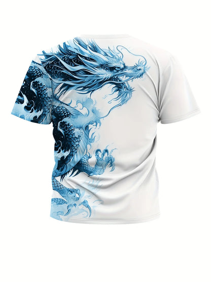 T-shirt til mænd med drageprint, afslappet åndbart stof, grafisk tee i street style, udendørs mode, kortærmet skjorte, herre-T-shirts