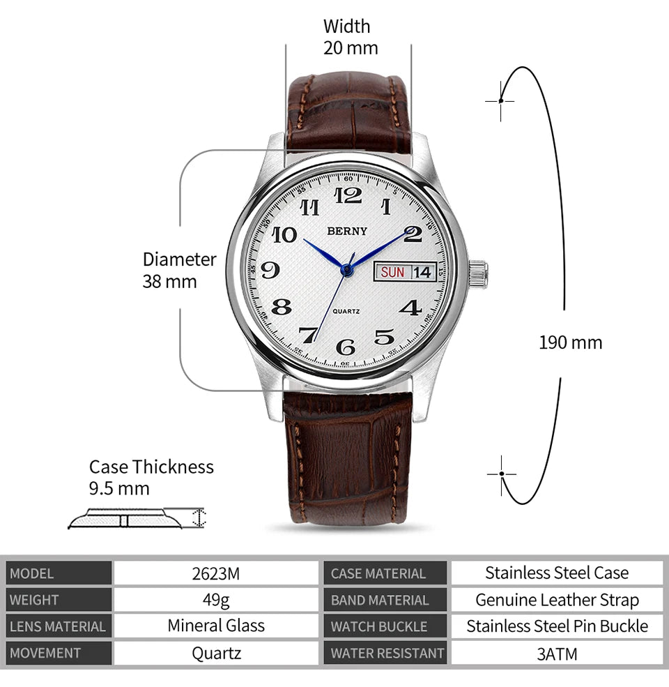 BERNY Men's Watch Quartz Day Top Calendar Wristwatch Waterproof Blued Steel Hands Arabic Numerals Easy Read Relogio Masculino