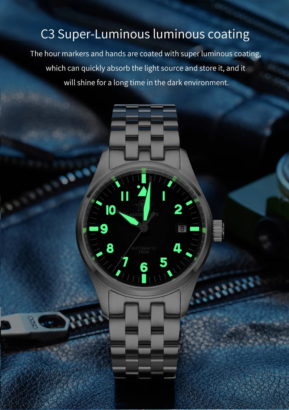 ADDIESDIVE Classic Men's Automatic Mechanical Watch 200m Water Resistant C3 Luminous 316L Stainless Steel Vintage Watch AD2519