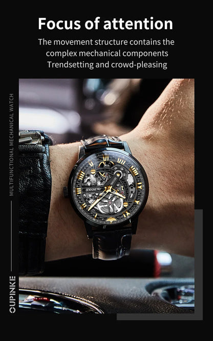 OUPINKE 3173 Skeleton Automatic Mechanical Watch Luxury Brand 50M Waterproof Watch Leather Strap Mens Watch Box Gifts Reloj