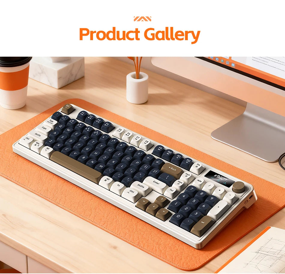 98 key Wireless Keyboard Knob Control BT/2.4g/Wired, RGB LED Backlight Display, 2000mA Battery for PC/Laptop