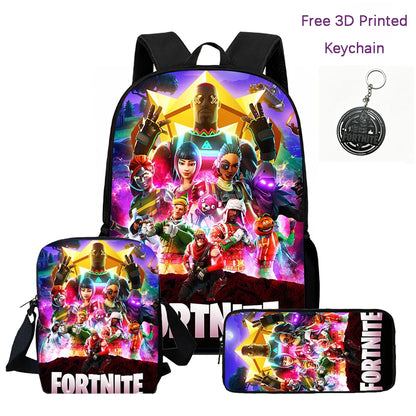 3Pcs Kids Backpack Set, Crossbody & Pencil Bag, FORTNITE Cartoon Bag, Lightweight for Boys Girls 6-10, Free 3D Printed Keychain