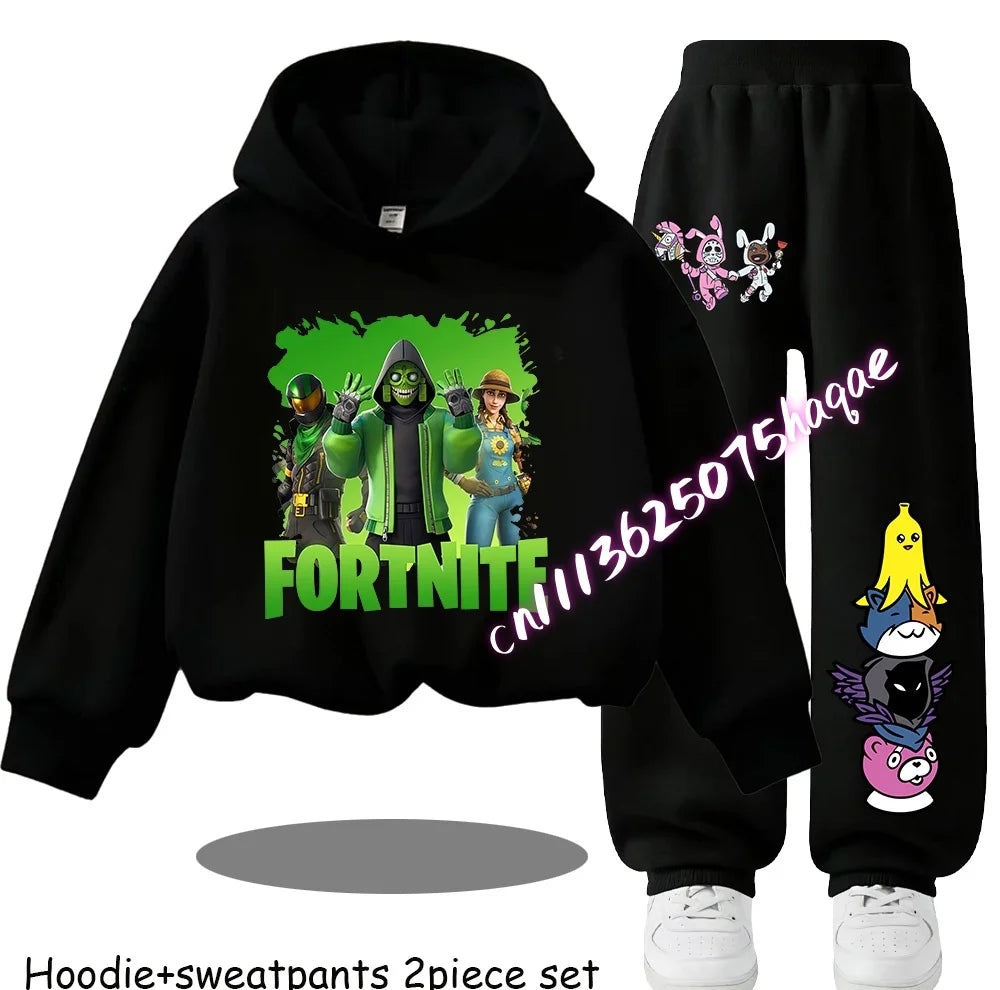 Sweats com Capuz Infantis Estampadas Fortnite, Conjunto Cartoon Confortável de 2 Peças, Tops Largos de Manga Comprida com Calças, Roupa de Outono/Inverno, Presente