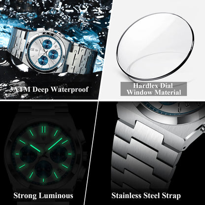 POEDAGAR Fashion Men's Wristwatch Chronograph Date Stainless Steel Quartz Man Clock Waterproof Luminous Business Watches For Men