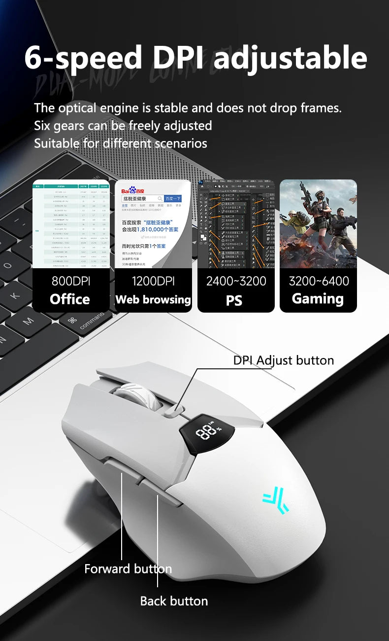 Warvank SX01 trådløs gamingmus med smart skærm, 6-trins DPI-justering, 600mAh genopladelig, lydløs kontor-Bluetooth-mus