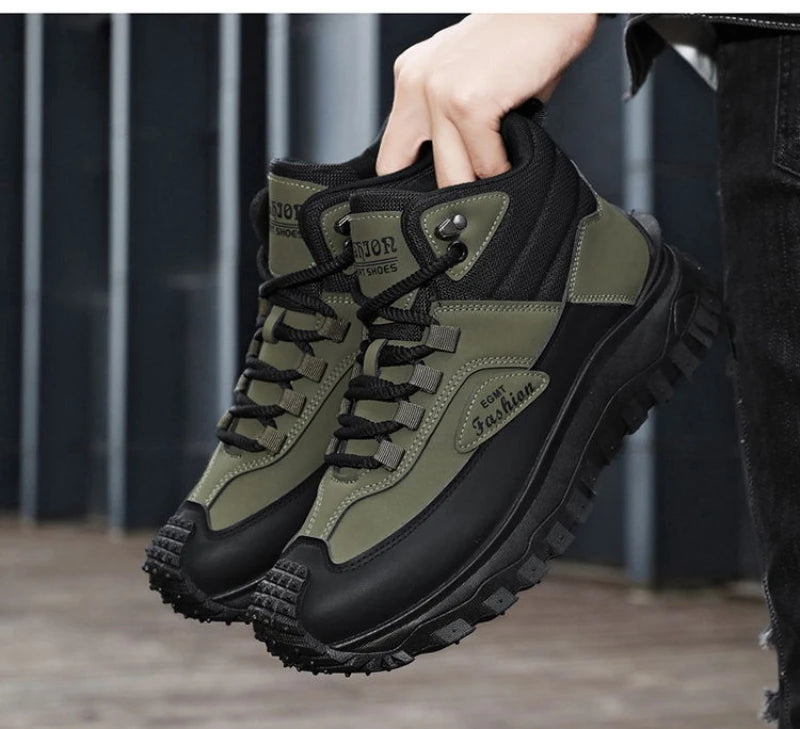 Men'S Black And White Mid Top Hiking Boots Waterproof Leather Platform Sneakers Non Slip Outdoor Casual Shoes With Rugged Sole