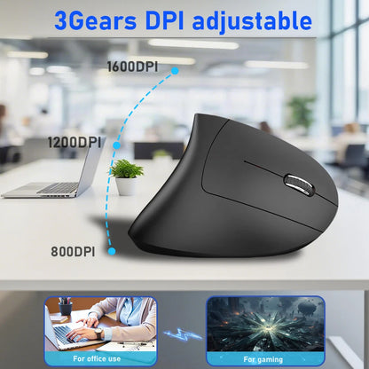 Rato Vertical Sem Fios Bluetooth 2.4G Recarregável Ergonómico 1600DPI Ajustável Gaming 6 Botões para Portátil PC Computador