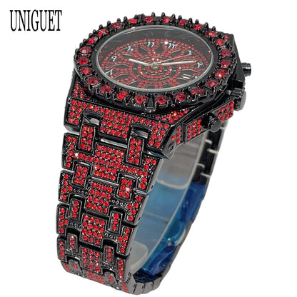 UNIGUET Hip Hop Wristwatch For Men Luxury lce Out Full Diamond Watches Fashion Green Watch Waterproof Clock Man 2026 Hot Sale
