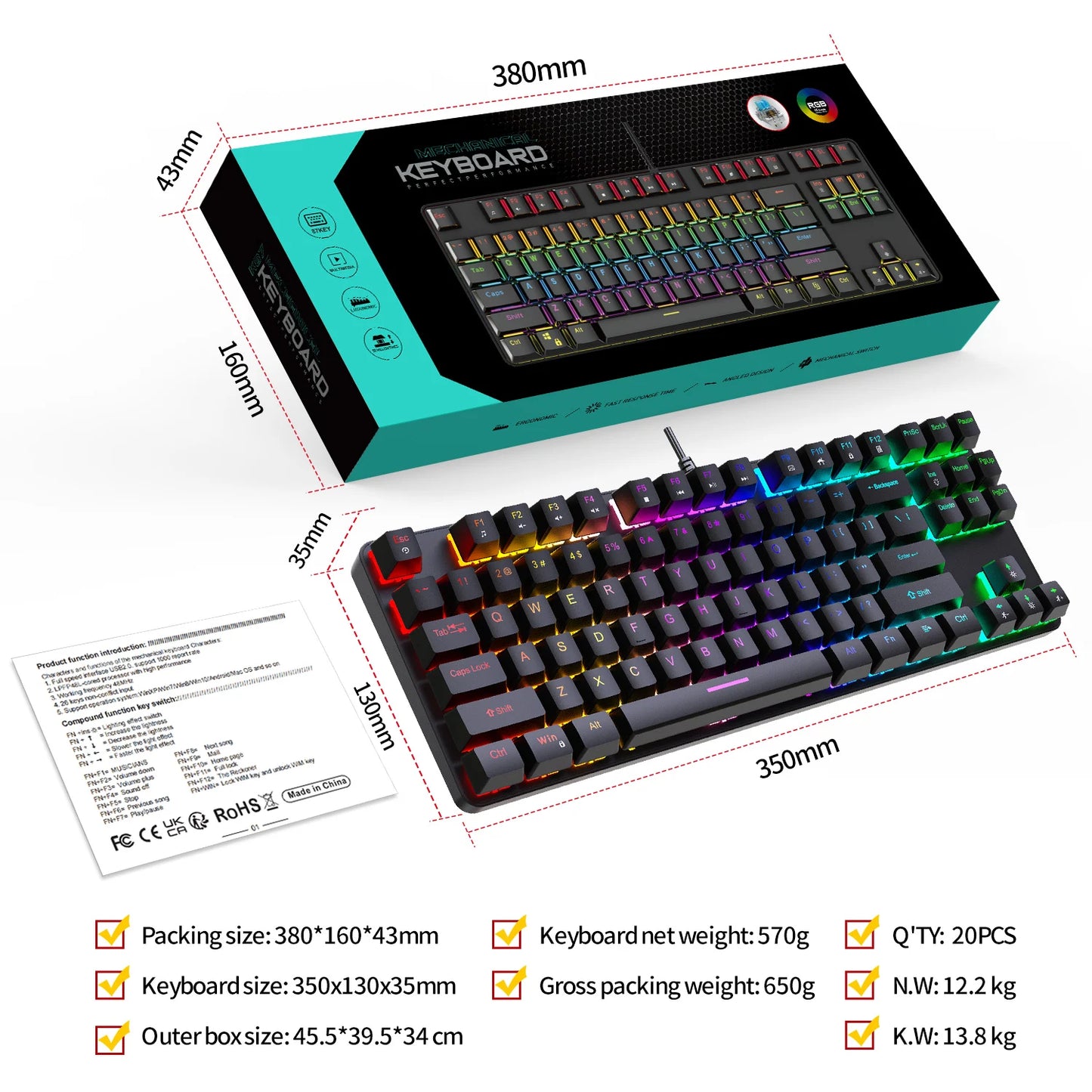 Computer Keyboard Waterproof Portable Gaming Keyboard Backlit Ergonomics Colorful Keyboard Computer Accessories 87 Keys USB