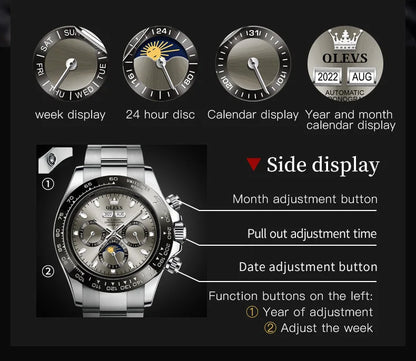 OLEVS 6654 Luxury Mens Watch Chronograph Automatic Mechanical Wristwatch Waterproof Luminous Top Brand Watch for Man Date Sport