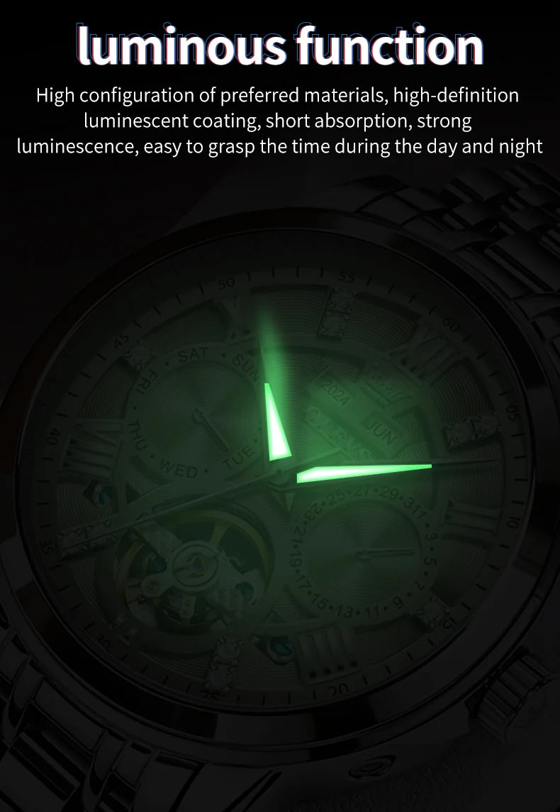 OLEVS 6701 Men's Watch Luxury Waterproof Auto Date Mechanical Watch For Men Hollow Skeleton Diamond Wristwatch Luminous Clock