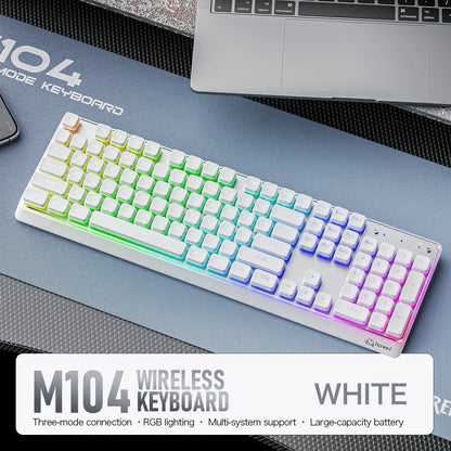 Freewolf M104 Tri-Mode Wireless Keyboard RGB 104 Keys Ultra Slim Quiet Membrane 4000mAh Large Battery for Office & Home