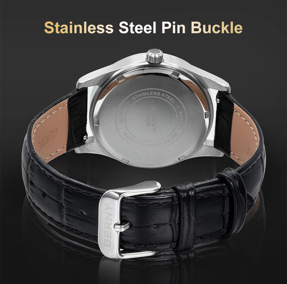 BERNY Quartz Watch for Men Miyota 2405 Business Male Wristwatch Day Top Calendar Genuine Leather Classic Men Watches Waterproof