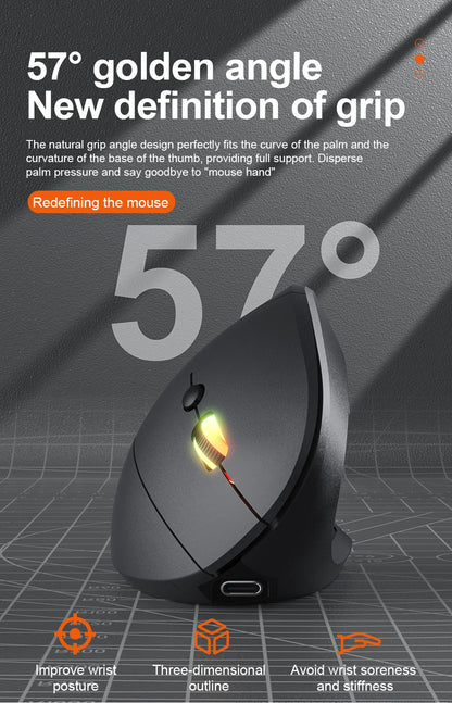 Rato Vertical Sem Fios Bluetooth 2.4G Recarregável Ergonómico 1600DPI Ajustável Gaming 6 Botões para Portátil PC Computador