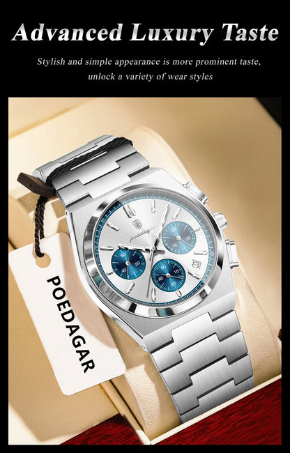 POEDAGAR Fashion Men's Wristwatch Chronograph Date Stainless Steel Quartz Man Clock Waterproof Luminous Business Watches For Men