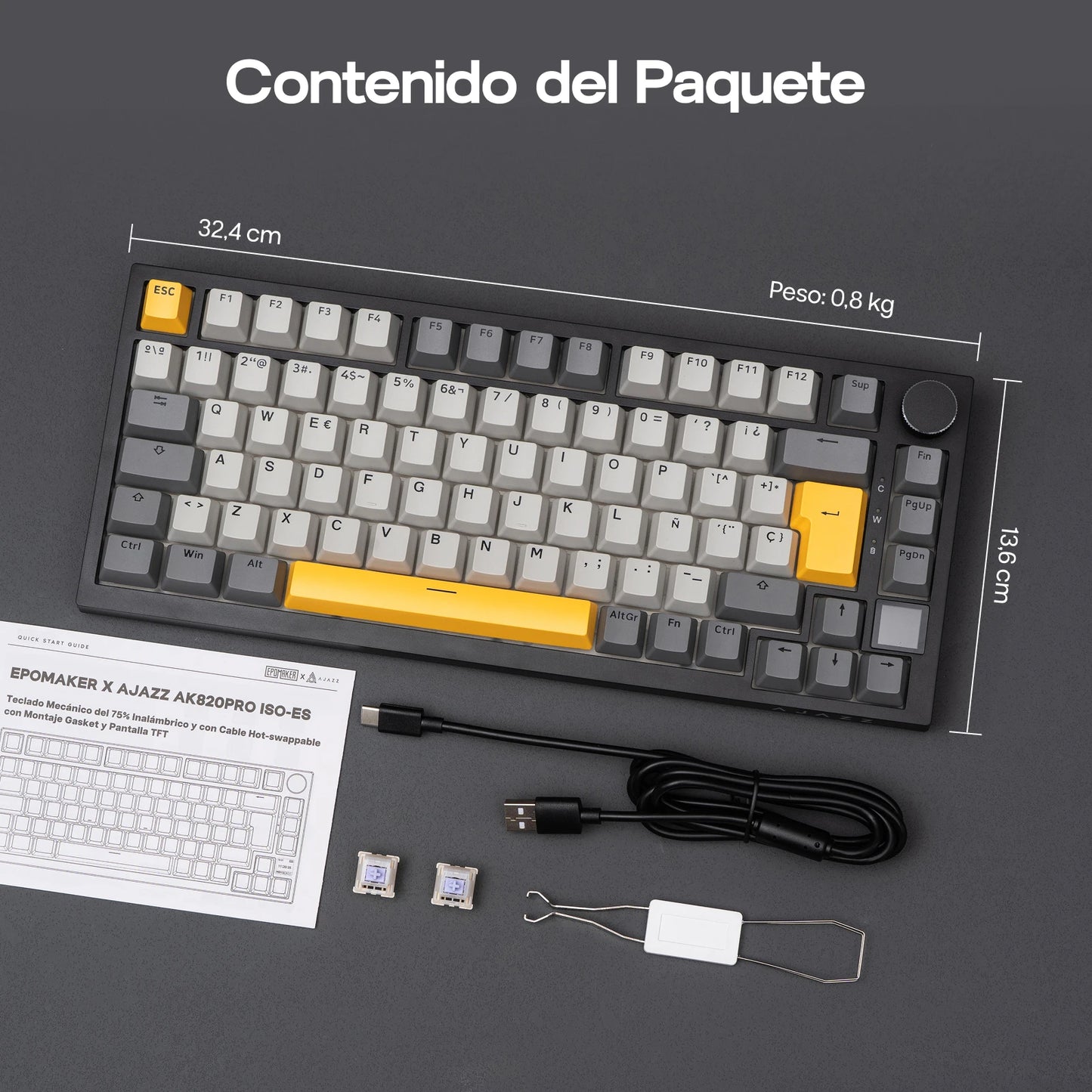 ISO-ES Layout EPOMAKER X AJAZZ AK820 PRO 75% Spanish Layout Wired/2.4GHz/BT Mechanical Keyboard with Screen & Knob for PC/Mac