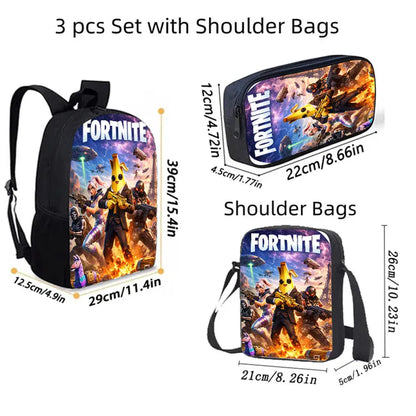 3Pcs Kids Backpack Set, Crossbody & Pencil Bag, FORTNITE Cartoon Bag, Lightweight for Boys Girls 6-10, Free 3D Printed Keychain