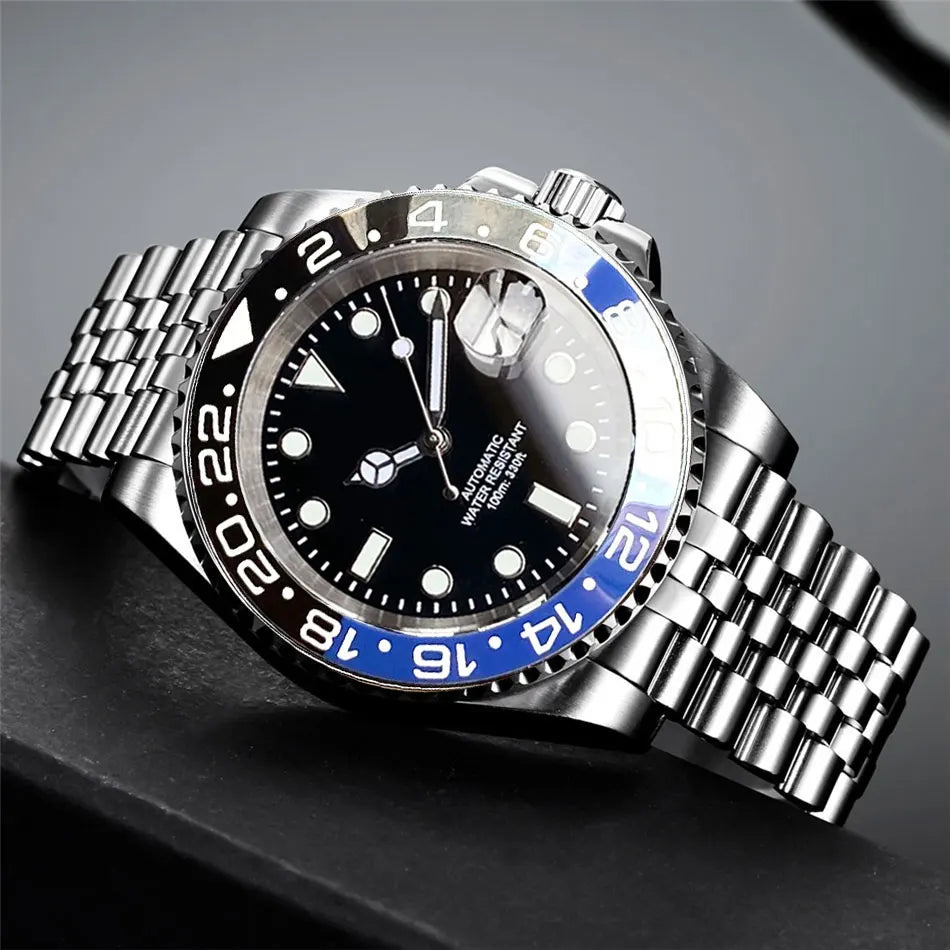 Relógio de Homem Automático Miyota8215 Impermeável 200m, Relógio de Mergulho 40mm com Movimento Mecânico, Luminoso, Bracelete Jubilee e Fecho Glide Lock