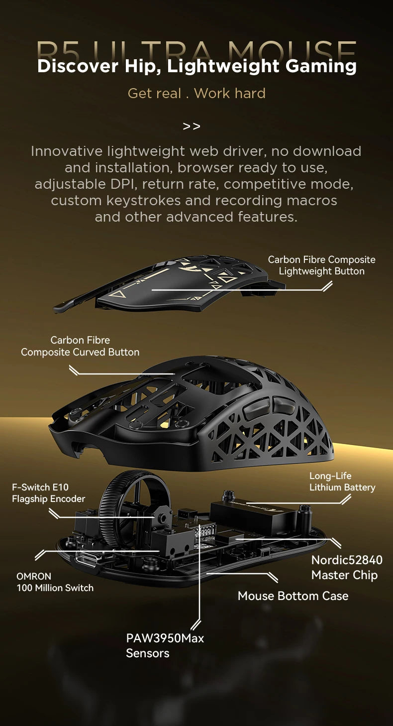 Rato Gaming Sem Fios ATTACK SHARK R5 ULTRA - Polling 8K, Sensor PAW3950MAX, 42,000 DPI, Fibra de Carbono Ultraligeira para Esports Profissionais