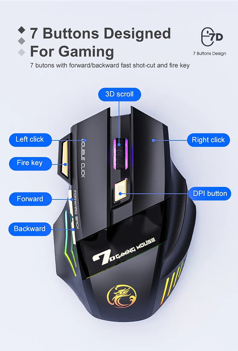 Rato Gaming Sem Fios USB IMICE GW-X7 3200DPI Modo Duplo Recarregável 7 Teclas 2.4Ghz Rato Silencioso Bluetooth LED Respirante de 7 Cores
