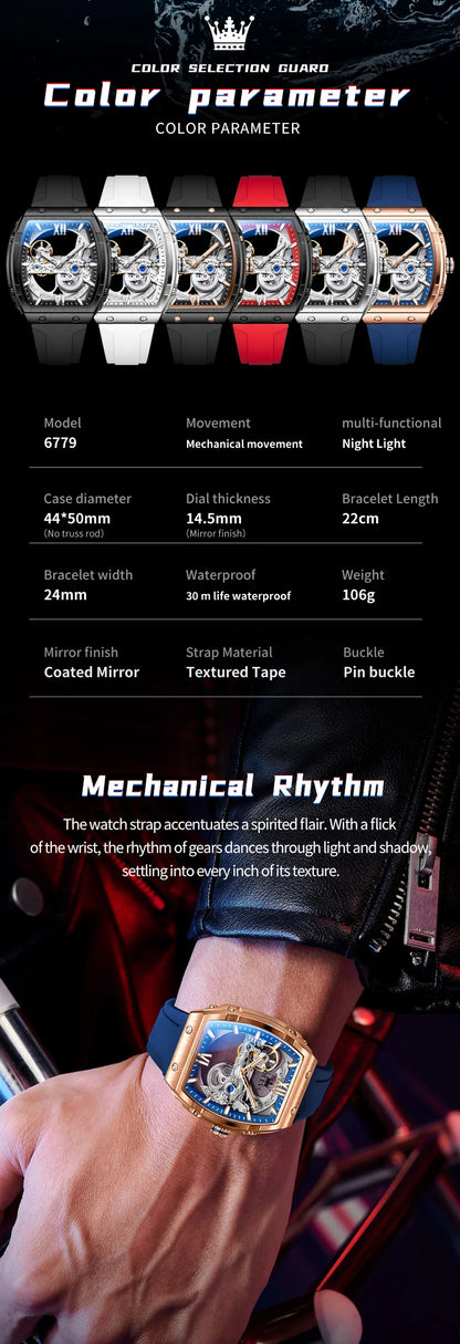  OLEVS Automatic Men Watch White Rubber Strap Mechanical Tourbillon Watches Men Luminous Watches Waterproof