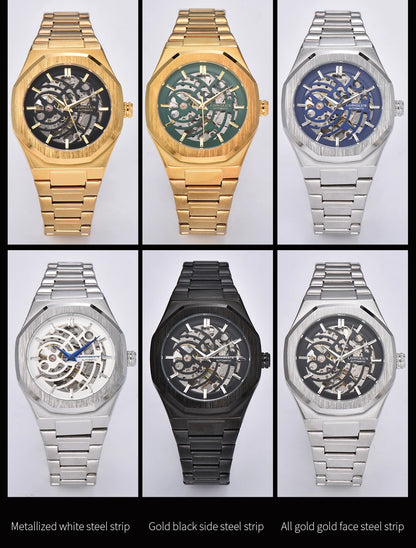 LONGLUX automatic watch business mechanical watches simple skeleton waterproof stainless steel cost effective mens watch gift